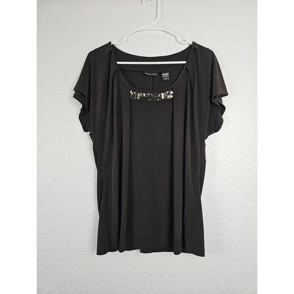 New York & Company Brown Beaded Overlay Short Sleeve Top Large - Picture 1 of 5